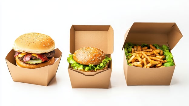 Delicious burgers and fried snacks in takeout boxes ready for enjoyment at a casual gathering or meal time photo