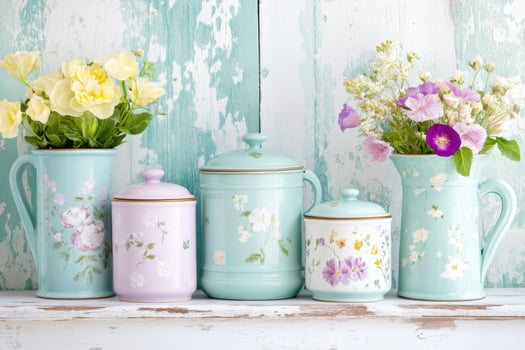 Elegant shabby chic kitchen corner showcases pastel ceramic canisters and floral tea tins on a charming wooden shelf photo