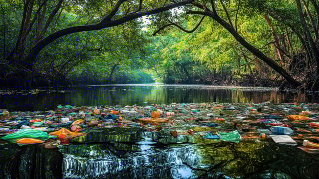 A polluted waterway cluttered with plastic waste amidst lush greenery. photo