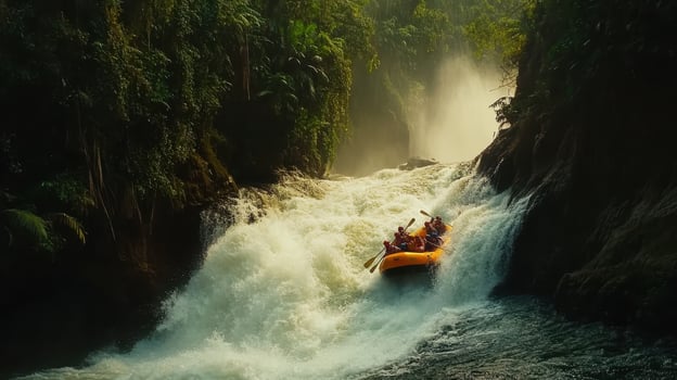 A thrilling white-water rafting adventure through lush, cascading waterfalls. photo