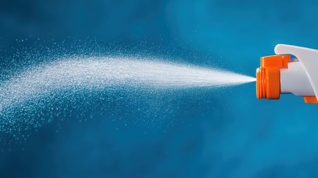 Spray nozzle releasing fine mist against a blue backdrop, showcasing the effectiveness of a cleaning tool during use in a household setting photo