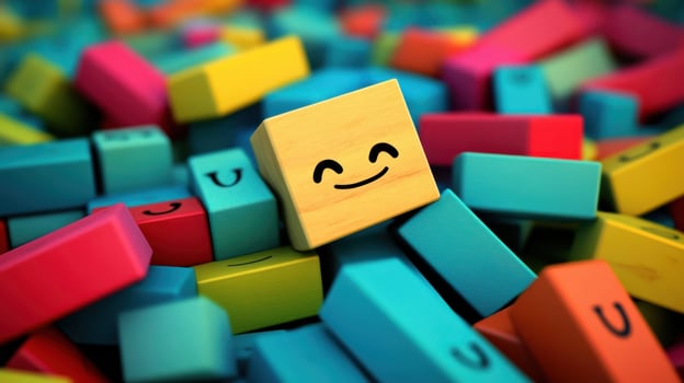 Colorful block characters playfully arranged with a smiling block in the center, showcasing a vibrant and cheerful atmosphere photo
