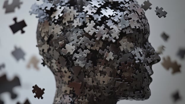 Exploration of complexity and thought represented through a puzzle piece filled head sculpture in abstract art installation photo