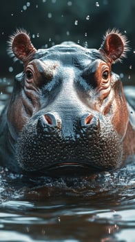 Hippopotamus emerging from water with droplets scattering in the air during early morning hours photo