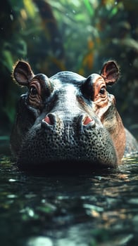 Hippo surfaces in a lush jungle waterway under soft morning light photo