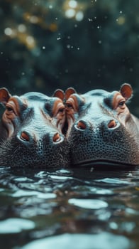 Hippopotamuses enjoying a serene moment in a water body surrounded by lush greenery during a sunny day photo