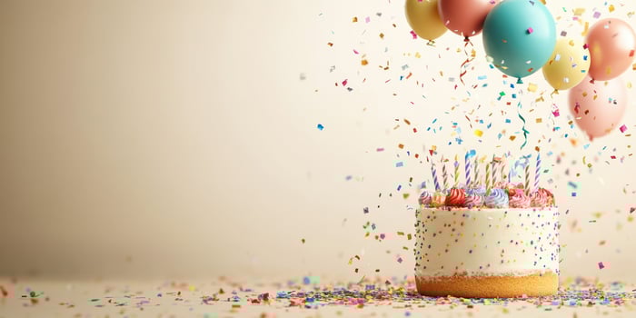Celebration cake with balloons and confetti decorations for a joyful birthday party atmosphere photo