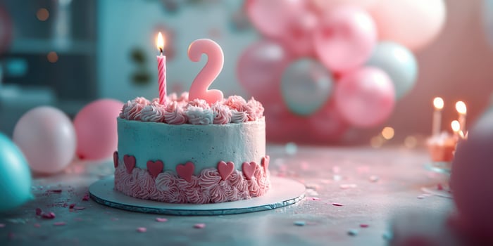 Birthday celebration with pink cake and colorful balloons for a special occasion in a cozy setting photo
