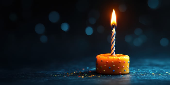 Bright candle flickers on top of a festive dessert against a dark background creating a warm celebration atmosphere photo