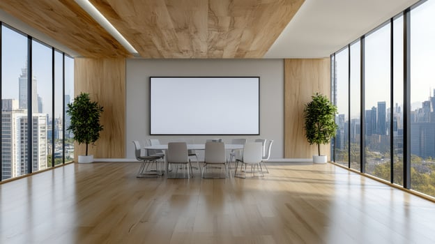 An empty conference room with a large screen photo