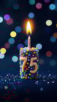 Colorful birthday candle with flames and decoration celebrating seventy-fifth birthday against a blurred background photo