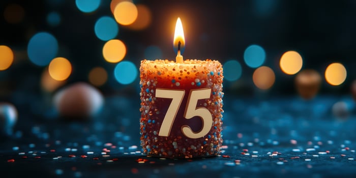 Colorful candle marks a special 75th birthday celebration with soft lighting and festive decorations photo