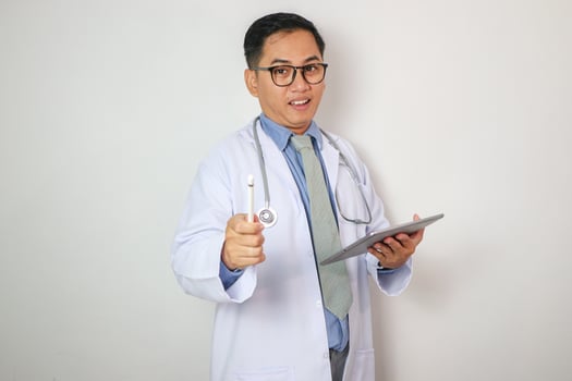 Healthcare, research and doctor with smile on tablet for wellness, medical abstract and analysis. Hospital, insurance and health worker on digital tech for internet, patient data and telehealth app photo
