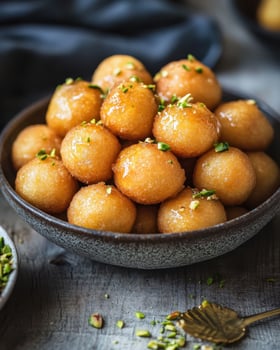 A bowl of sweet, syrup-soaked desserts garnished with pistachios photo