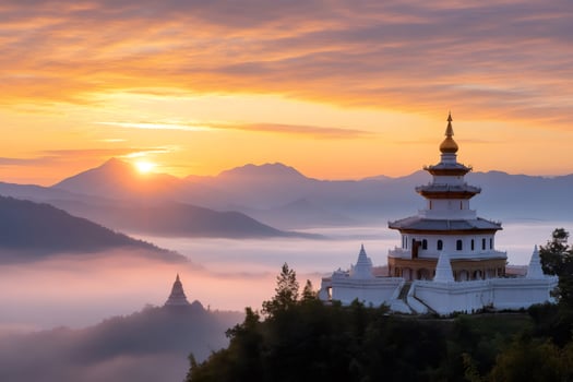 Colorful sunrise illuminating buddhist temple on mountain peak with sea of fog photo
