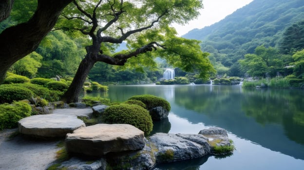 Japanese garden with pond, waterfall and lush vegetation framing a relaxing scenery photo
