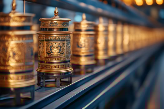 Row of golden Tibetan prayer wheels standing in Buddhist temple photo