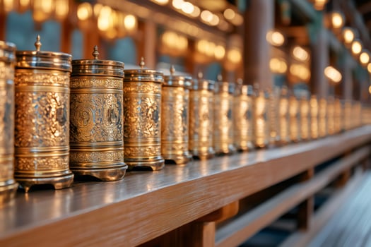Row of golden prayer wheels standing on a wooden shelf in a Buddhist temple photo