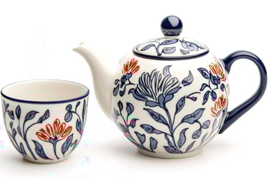 Ceramic teapot and teacup featuring blue and orange floral decoration standing on white background photo