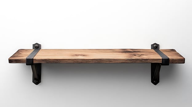 A wooden shelf with metal brackets on the side photo
