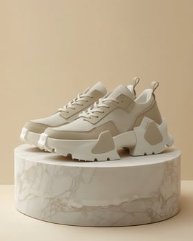 A pair of stylish beige sneakers displayed on a marble pedestal against a neutral background. photo