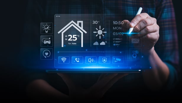 Businessman Using Smart Home Interface on Transparent Screen to Control Temperature, Lighting, and Smart Devices with Innovative Home Automation Technology for Comfort and Energy Efficienc photo