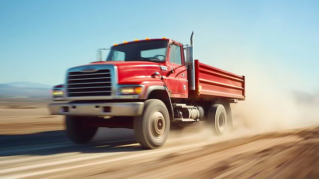 a red dump truck driving on a dirt road photo