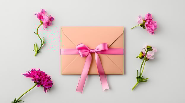 An open pink envelope with pink ribbon and flowers photo