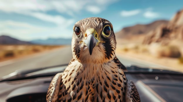 Falcon's Intense Gaze Symbolizing Advanced Self-Driving Vehicle Sensors photo