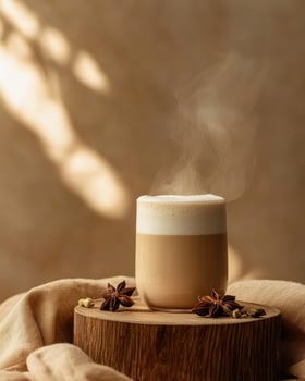 A steaming cup of coffee on a wooden surface, surrounded by spices and soft fabric. photo