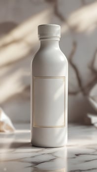 An elegant white container on marble with delicate gold trim, blending sophistication with a minimalist aesthetic. Pure product showcase. photo