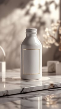 Elegant white bottle with a gold-lined label sits gracefully on a marble surface, bathed in soft, natural light, exuding minimalist sophistication. photo