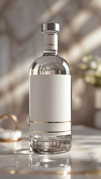 Elegant glass bottle with silver cap and gold accents, resting on a marble surface with delicate floral background, capturing refined luxury. photo