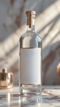 An elegant clear glass bottle with gold accents, offering a blank canvas for branding against a refined marble backdrop, promising luxury. photo