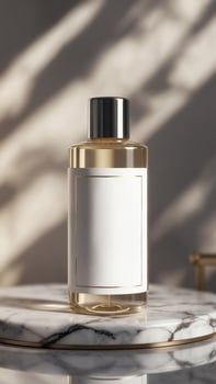 Elegant bottle with a white label against shadows. Luxurious packaging design. Sophisticated beauty product showcase. photo