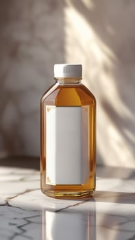 Elegant bottle filled with golden liquid, featuring a clean label and refined design, perfect for a luxurious honey product line. photo