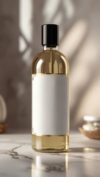 Elegant glass bottle of golden liquid with a black cap and blank label, evoking luxury and sophistication in a natural setting. photo