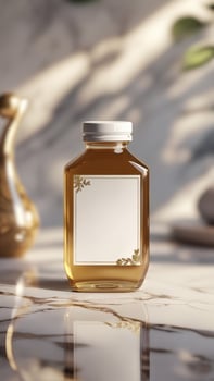 A bottle of golden liquid with decorative white label, evoking natural luxury. Perfect for showcasing premium organic honey products. photo
