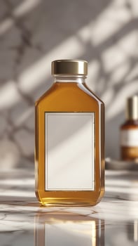 Elegant glass bottle containing amber liquid, with a blank label, golden cap, sitting on a marble surface. Sophisticated honey product. photo