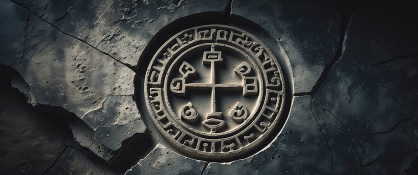 Ancient symbols carved onto stone surface with dark textured background. photo