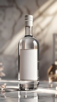 Elegant Bottle. Clear glass bottle with a blank white label. Perfect for showcasing a high-end product in a sleek and sophisticated manner. photo