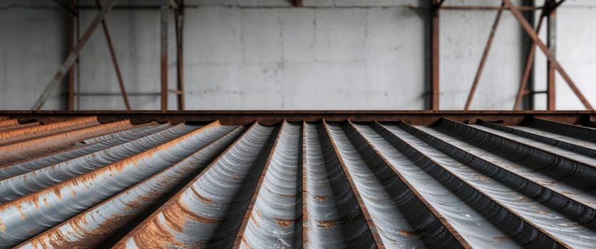 Rusty metal texture with corrugated sheets and steel structure elements background Copy Space. photo