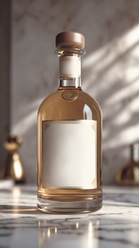 A beautifully packaged bottle of fine liquor stands on a marble surface, bathed in soft light. A wood stopper seals the delicate drink. photo