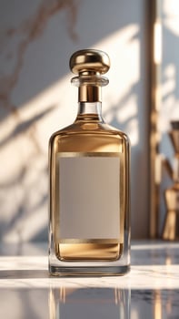 Elegant bottle with gold accents on marble surface. A golden-hued liquid inside reflects light for a sophisticated, upscale appearance. photo