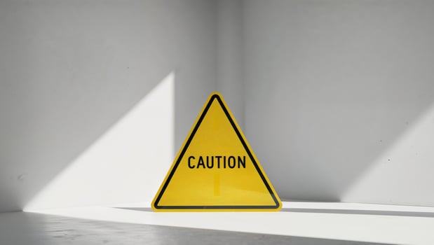 Caution sign in a white room with light coming from the window photo