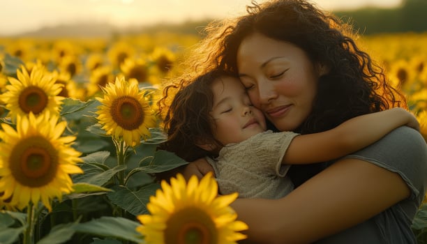 In a field of vibrant sunflowers, a mother and child share a tender moment, inhaling the sweet, earthy fragrance of the blossoms The warm golden tones of the setting sun bathe the scene in a radiant photo