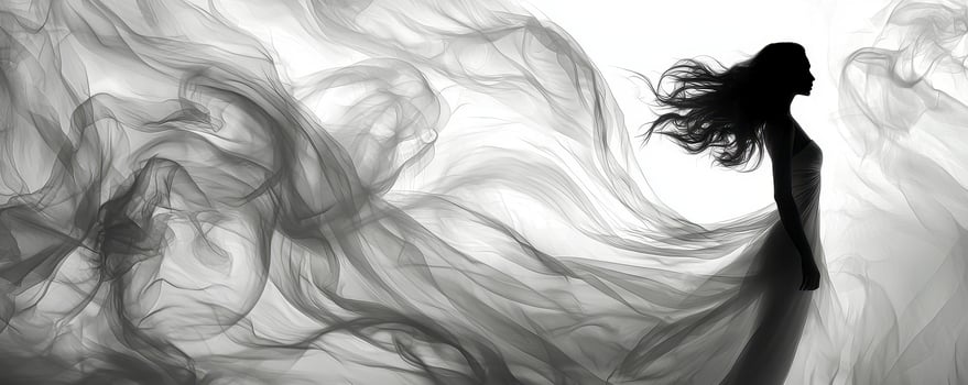 In a monochrome world, a woman stands silhouetted, draped in ethereal fabric It billows and flows around her, animated by an unseen wind She breathes deeply, finding solace and strength in the simple photo