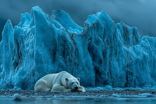 In a realm of icy grandeur, a solitary polar bear seeks solace at the foot of a colossal glacier, an emblem of nature's awe-inspiring power, the bear finds a moment of repose, its white fur a stark photo