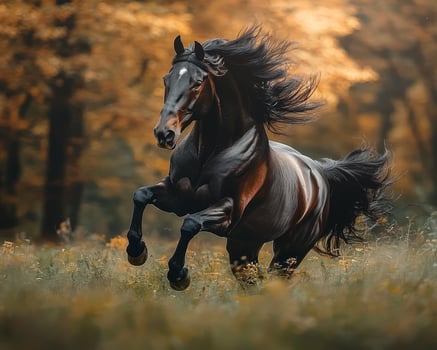 In a realm where nature's artistry meets equine grace, a majestic horse gallops freely through a verdant expanse, its powerful muscles rippling beneath a sleek coat Mane and tail dance in harmony photo