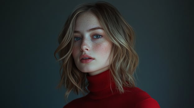 Young caucasian female with freckles wearing red turtleneck portrait photo